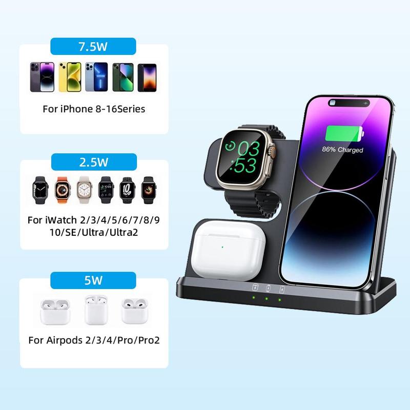 3 in 1 Wireless Charging Station, 1 Count 15W Fast Charging Stand for iPhone 16 15 14 Pro Max 13 12 11 XS XR 8 Plus, Watch & Headphones Charging Station