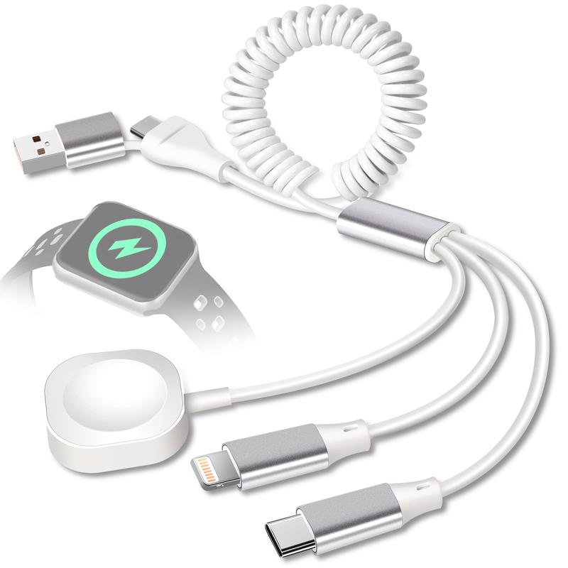 USB Type-C to iWatch iPhone Lightning Type-C Multi Charger Cable, 3-in-2 Retractable Multiple Car Fast Charging Cord smartphone cellphone mobile smartphone cellphone electronic mobile patible with iPhone Apple Watch iPad Android Phone charger cords