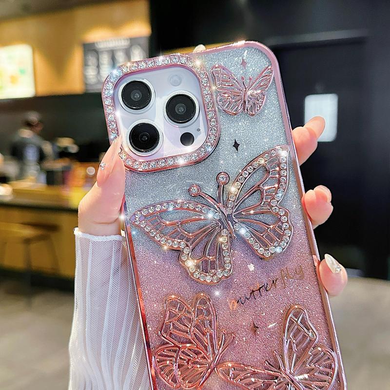 Butterfly Pattern Phone Case, Rhinestone Decor Phone Protective Cover, Phone Accessory Compatible with iPhone 16 Pro Max 15 14 13 12 11