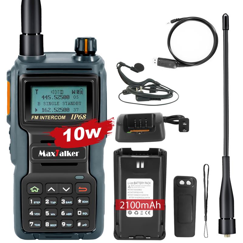MaxTalker TK-W70 Ham Radio Long Range 10W, GMRS Handheld Radio with Programming Cable, Multi-Band Two Way Radio with 2100mAh Battery, NOAA, IP68 Waterproof Ham Radio