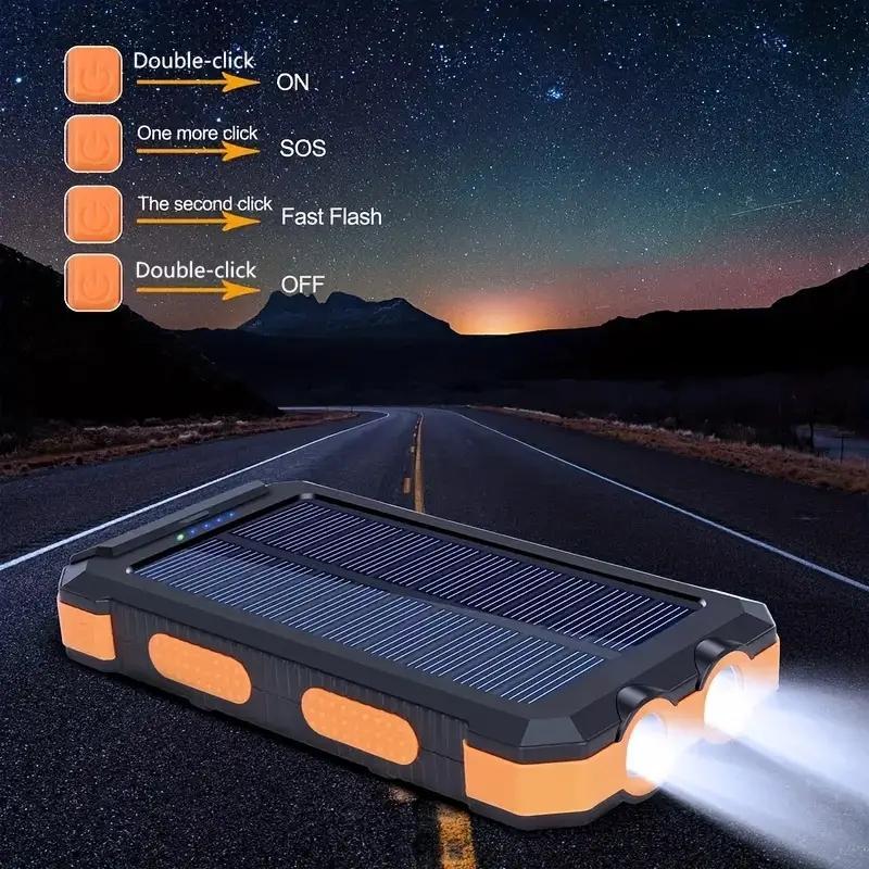 Portable Solar Powered Power Bank, 1 Count 10000mAh Solar Cell Phone Battery Panel Charger with Flashlight, Outdoor Emergency Power Backup Battery Pack
