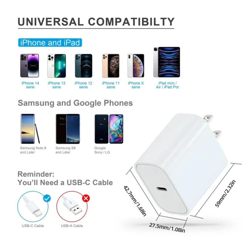 PD 20W Fast Charging Head, USB C Fast Charging Adapter, Multifunctional Portable Charging Head Compatible with iPhone, iPad, AirPods & Galaxy Phone