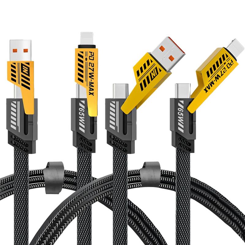 4-in-1 USB-C Cable - PD Fast Charging & Data Sync with USB-A TYPE C & Lightning Breathing Light Aluminum Alloy Design 5FT Silicone Cable Compatible with Phone Pad and Laptops Device