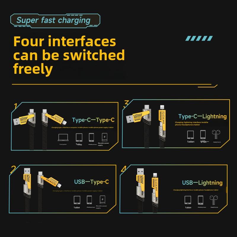 4-in-1 USB-C Cable - PD Fast Charging & Data Sync with USB-A TYPE C & Lightning Breathing Light Aluminum Alloy Design 5FT Silicone Cable Compatible with Phone Pad and Laptops Device