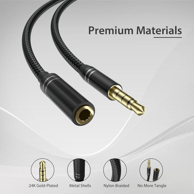 2 Pack 3.5mm Headphone Extension  (4Ft 1.2M), 4 Pole Hi-Fi Stereo Sound Audio , Nylon Braided Male to Female AUX Cord, Auxiliary Extender for All 3.5 mm Enabled Devices - Black