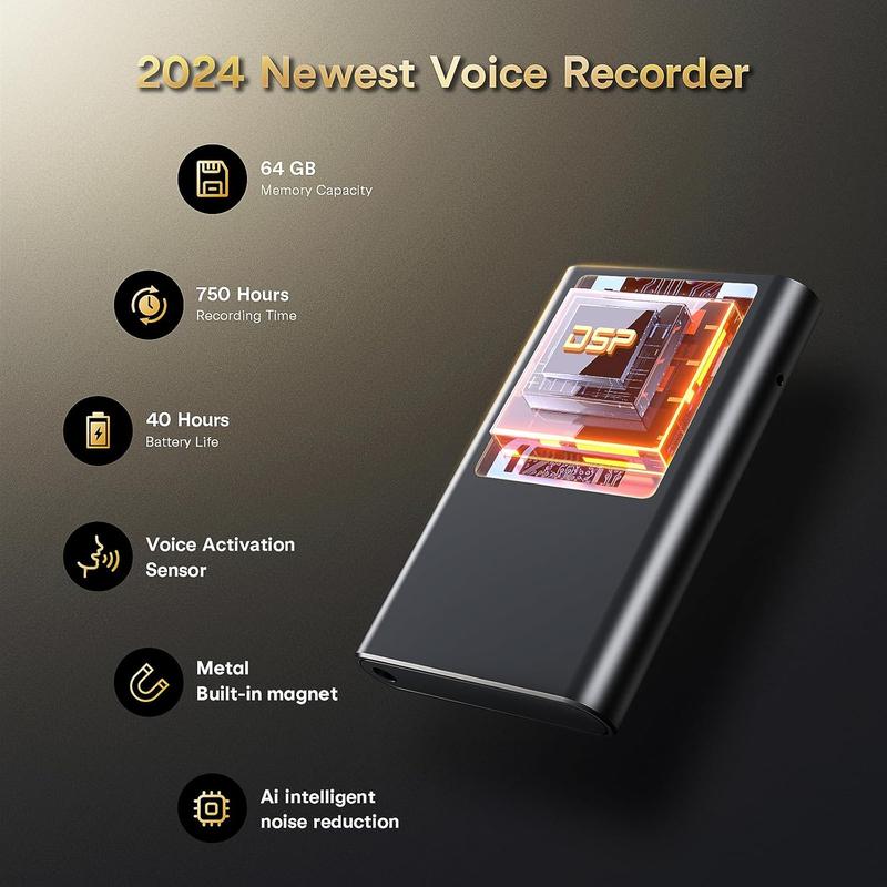 Voice Recorder - 64GB Voice Activated Recorder with AI Noise Cancellation, Recording Device with 750 Hours Storage,Digital Video Recorders with Playback for Interviews Meeting Classes (Black 1)