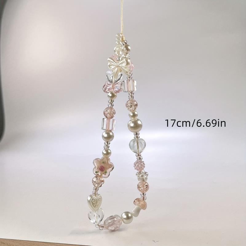 Creative Glass Small Flower Rose Cross Handmade Beaded Bow Strawberry Pendant Mobile Phone Chain Ccd Camera Anti-lost Anti-drop Hanging Rope
