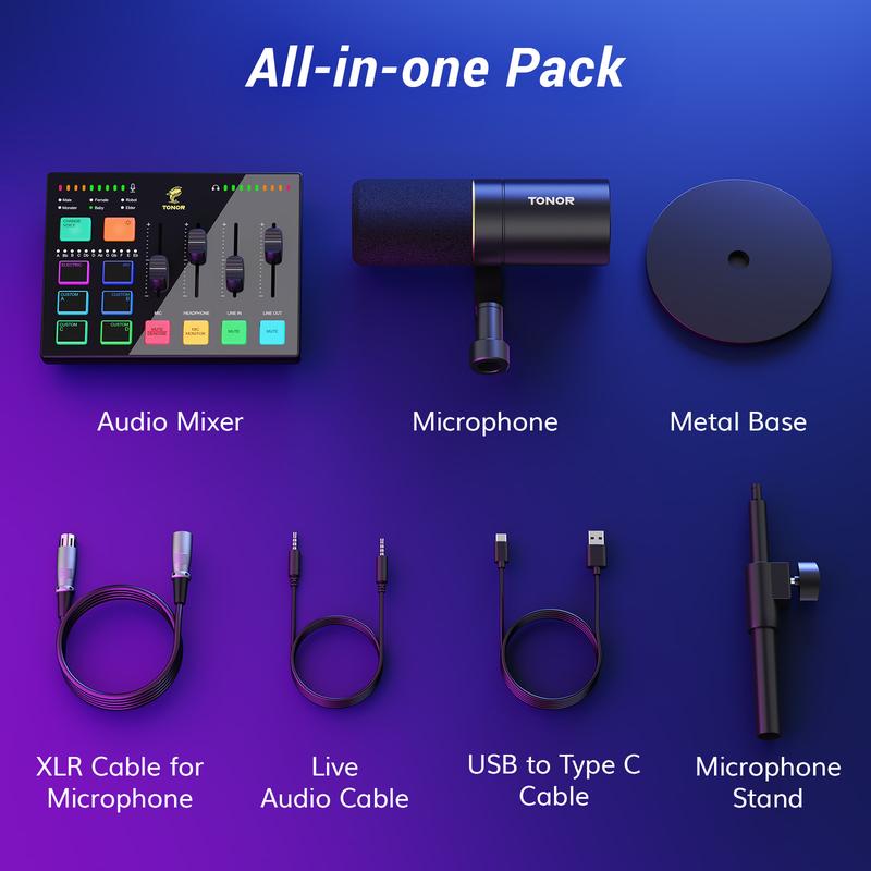 TONOR Podcast Equipment Bundle, Gaming Audio Interface and XLR Dynamic Microphone Set, USB Audio Mixer with RGB Lighting, for Gaming & Streaming, Content Creators, High Fidelity, Studio Quality Set