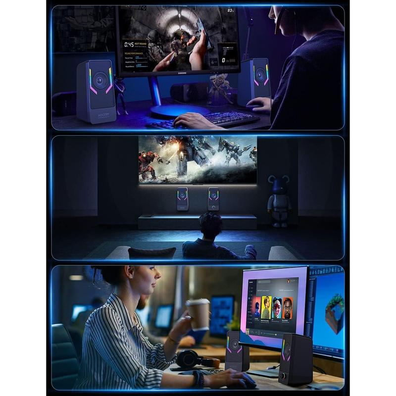 Gaming Desktop Speakers with 7-Color Backlit, 10W USB Powered Volume Control, 2.0CH Stereo Sound for PC, Monitor, Tablet, Phone and Bluetooth Audio Connectivity.