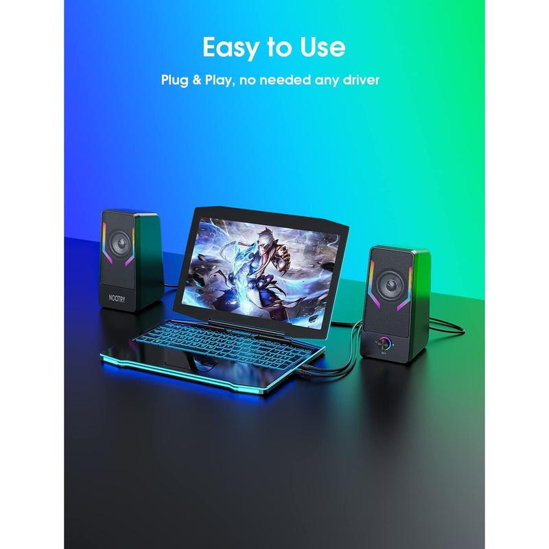 Gaming Desktop Speakers with 7-Color Backlit, 10W USB Powered Volume Control, 2.0CH Stereo Sound for PC, Monitor, Tablet, Phone and Bluetooth Audio Connectivity.