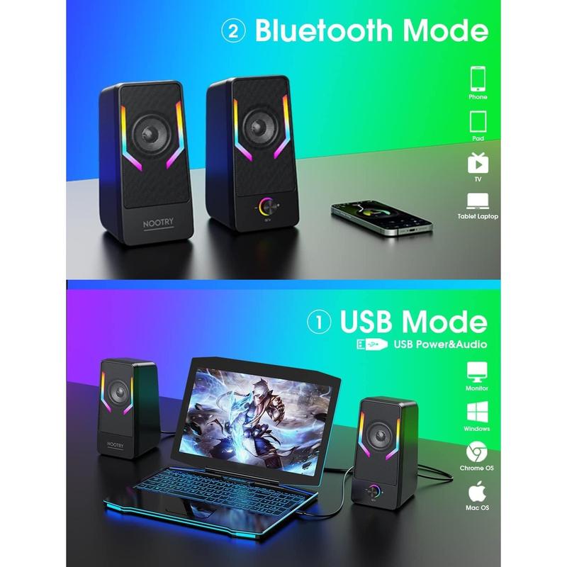 Gaming Desktop Speakers with 7-Color Backlit, 10W USB Powered Volume Control, 2.0CH Stereo Sound for PC, Monitor, Tablet, Phone and Bluetooth Audio Connectivity.