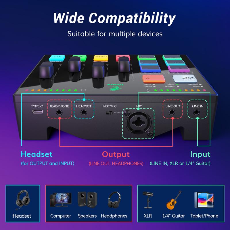 TONOR Podcast Equipment Bundle, Gaming Audio Interface and XLR Dynamic Microphone Set, USB Audio Mixer with RGB Lighting, for Gaming & Streaming, Content Creators, High Fidelity, Studio Quality Set