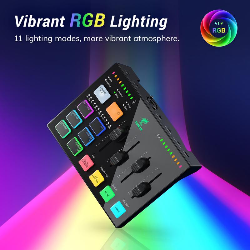 TONOR Podcast Equipment Bundle, Gaming Audio Interface and XLR Dynamic Microphone Set, USB Audio Mixer with RGB Lighting, for Gaming & Streaming, Content Creators, High Fidelity, Studio Quality Set