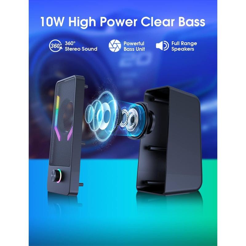 Gaming Desktop Speakers with 7-Color Backlit, 10W USB Powered Volume Control, 2.0CH Stereo Sound for PC, Monitor, Tablet, Phone and Bluetooth Audio Connectivity.