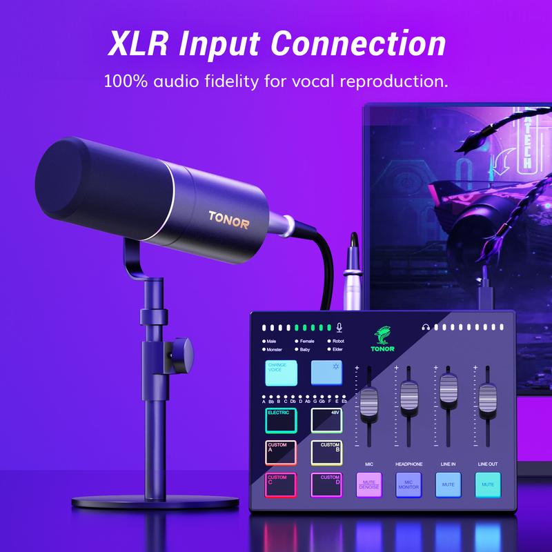 TONOR Podcast Equipment Bundle, Gaming Audio Interface and XLR Dynamic Microphone Set, USB Audio Mixer with RGB Lighting, for Gaming & Streaming, Content Creators, High Fidelity, Studio Quality Set
