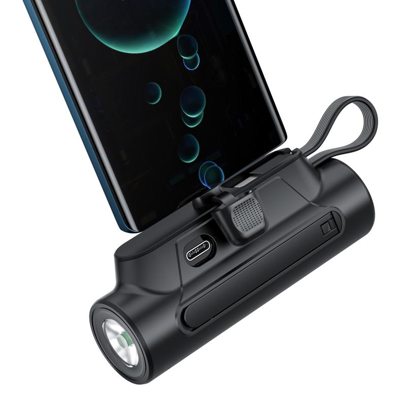Portable Mini Phone Charger, 5000mAh Power Bank with USB C Output Cable, Mini Phone Power Bank with Bright Flashlight & Stand for iPhone Samsung Galaxy