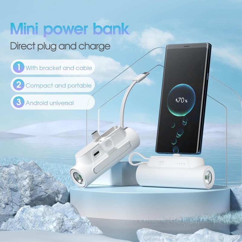 Portable Mini Phone Charger, 5000mAh Power Bank with USB C Output Cable, Mini Phone Power Bank with Bright Flashlight & Stand for iPhone Samsung Galaxy