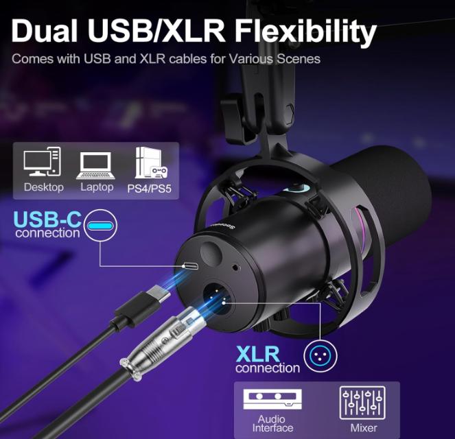XLR USB Dynamic Microphone Kit, PC Microphone for Streaming,Mute and Noise Cancelling Function, Volume Control, Headphone Jack Audio Smartphone