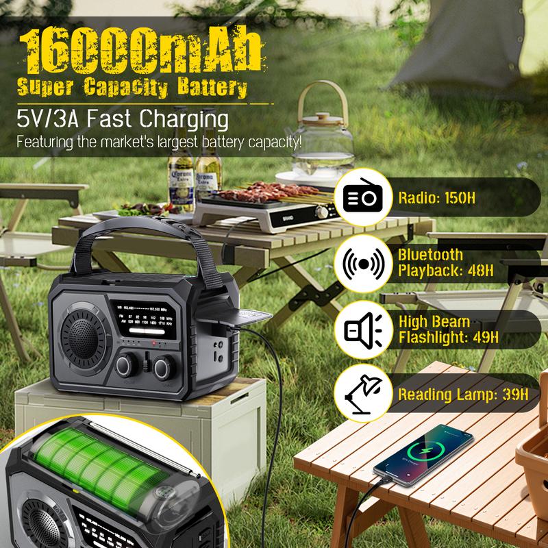 16000mAh Portable Emergency Weather Radio Hand Crank Radio AM FM NOAA Radio Solar Radio With 2 Solar Panels 3Charging Methods SOS Alert 3 Modes Flashlight Cell Phone Charger Reading Light tent light