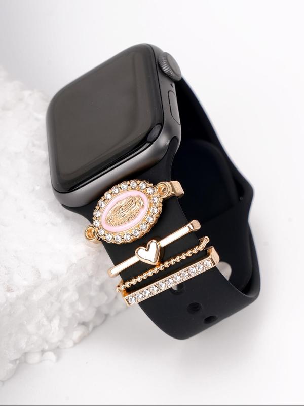 Fashion Watch Band Decorative Ring, 4counts set Rhinestone & Virgin Mary Design Watch Strap Decorative Ring for iWatch Strap & Galaxy, Watch Accessories for Women & Girls