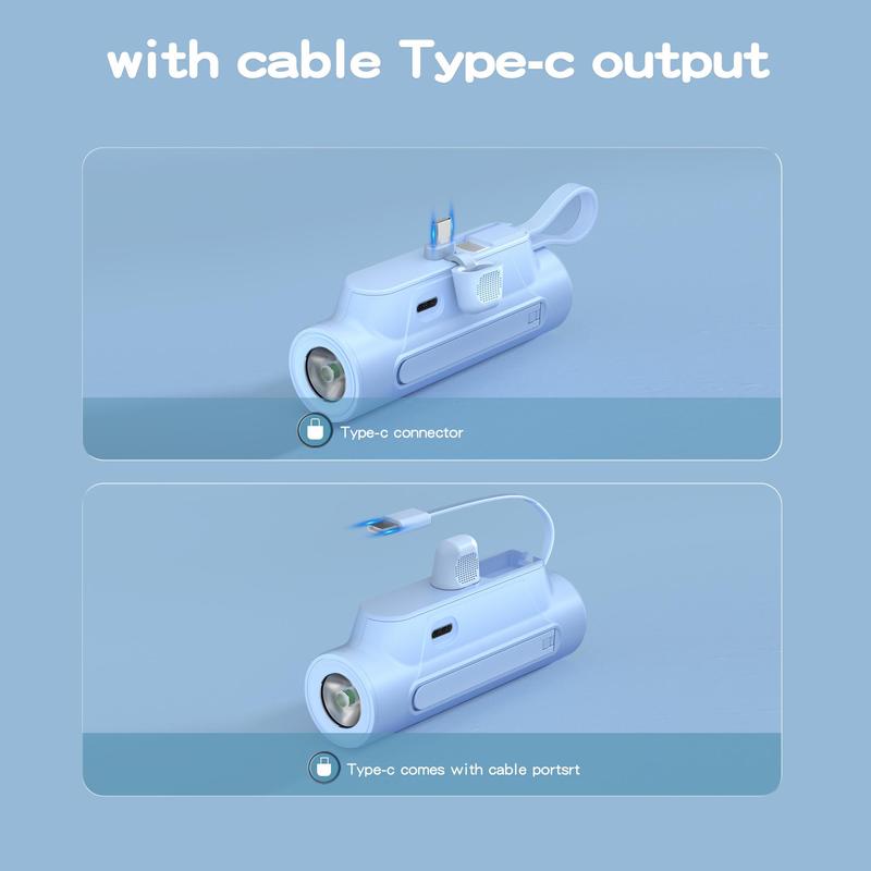 Portable Mini Phone Charger, 5000mAh Power Bank with USB C Output Cable, Mini Phone Power Bank with Bright Flashlight & Stand for iPhone Samsung Galaxy