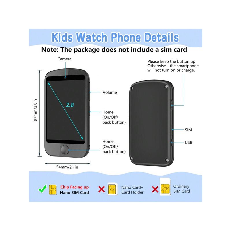 Kids Smart Phone With Calls SOS, 2.8'' Touchscreen Phone With SD Card For Age 3-12 Girls Boys, 19 Learning Games, MP3 Music Player Camera Smartphone Smart Watch Adjustable Charging