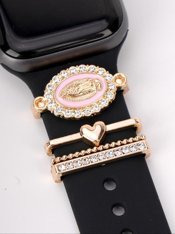 Fashion Watch Band Decorative Ring, 4counts set Rhinestone & Virgin Mary Design Watch Strap Decorative Ring for iWatch Strap & Galaxy, Watch Accessories for Women & Girls