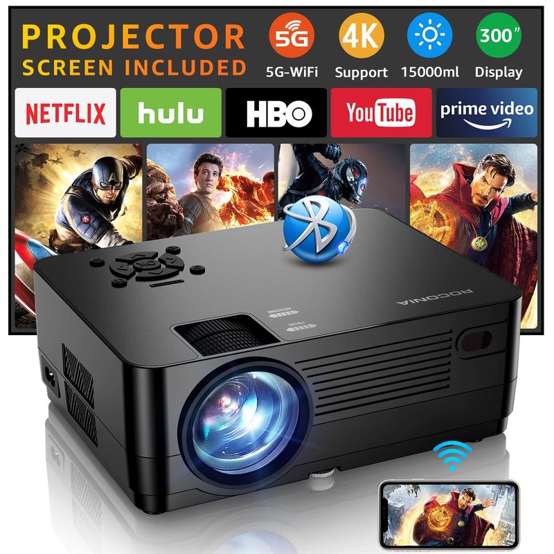5G WiFi Bluetooth 4K Support Native 1080P, 15000LM Full HD Movie Projector, LCD Technology 300