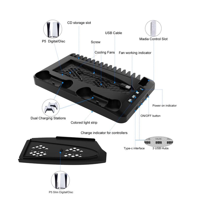 Dual PS5 Controller Charging Dock with Cooling Fan & 3-Port USB Hub
