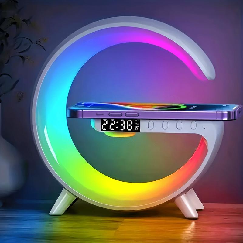Wireless Bluetooth Speaker with Wireless Fast Charging Function, Rhythm RGB Light, Strip Smart Light, Sunrise Alarm Clock, Bedroom Wake-up Light, Dimmable Desk Lamp