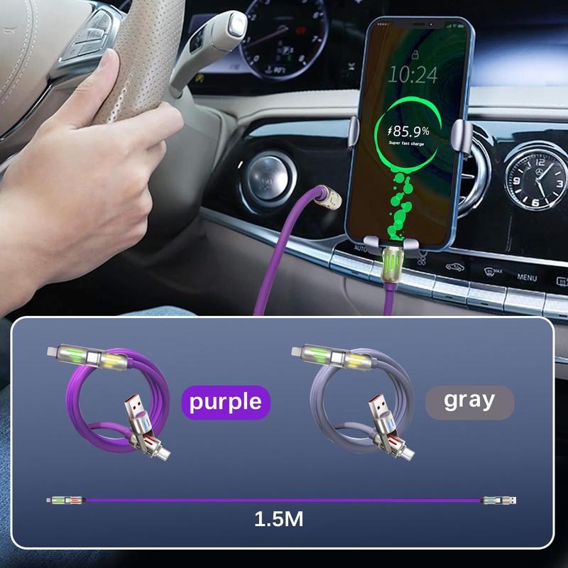 2 sets of 240W data cable fast charging light column four in one liquid silicone Type-C car breathing rainbow light fast charging cable