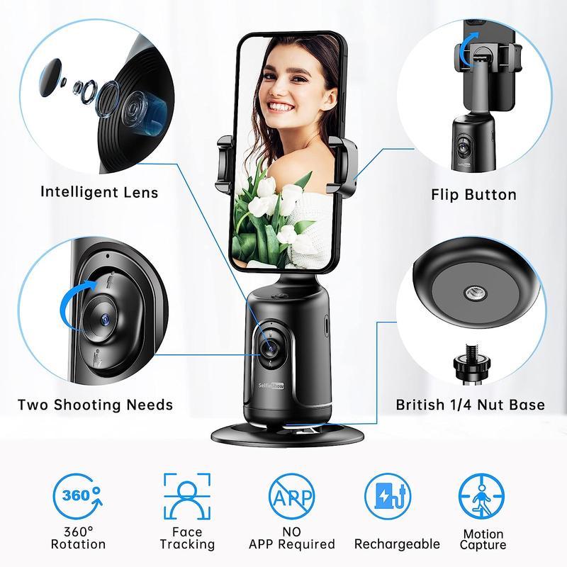 Auto Face Tracking Tripod, 360° Rotation Face Body Phone Camera Mount Smart Shooting Phone Tracking Holder for Live Vlog Streaming Video, No App Required