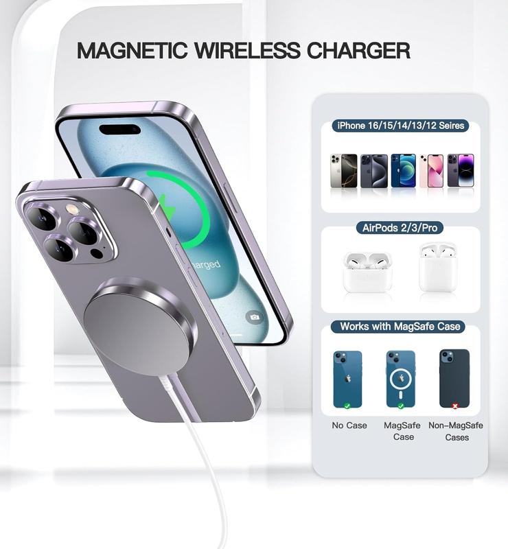 2-Pack 15W Magnetic Fast Charger for iPhone 16 15 14 & AirPods – MagSafe Compatible