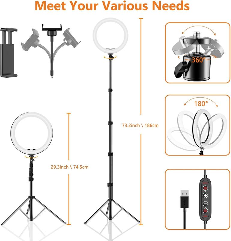 12’’ RGB Selfie Ring Light with 65’’ Tripod & Phone Holder, 10 Dimming Levels with Multiple Colors, Great for Recording, Streaming, Makeup, and Vlog