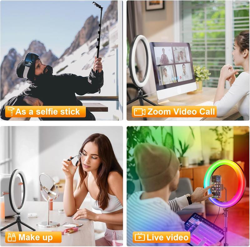 12’’ RGB Selfie Ring Light with 65’’ Tripod & Phone Holder, 10 Dimming Levels with Multiple Colors, Great for Recording, Streaming, Makeup, and Vlog