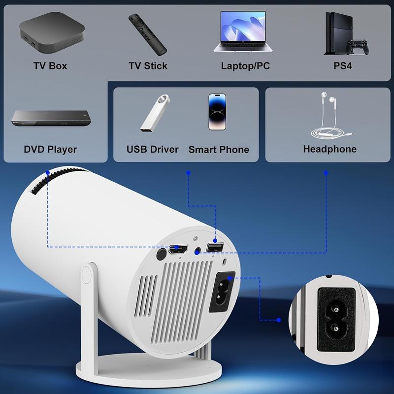 HY300 Pro Mini Portable Projector, 4K 260 ANSI Smart Projector With WiFi 6 Bluetooth 5.0, Screen Adjustment, 180 Degree Rotation, Home Video Projector Built-In Android 11.0 OS