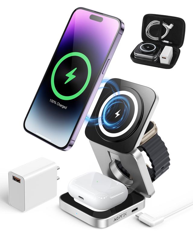 Magnetic Wireless Charger, 3-in-1 Foldable Charging Station, Mag -Safe Charger Compatible with iPhone 15, 14, 13, 12 Pro Pro Max Mini, Apple Watch & AirPods, Travel Charger with Travel Case & 18W Adapter wireless charger