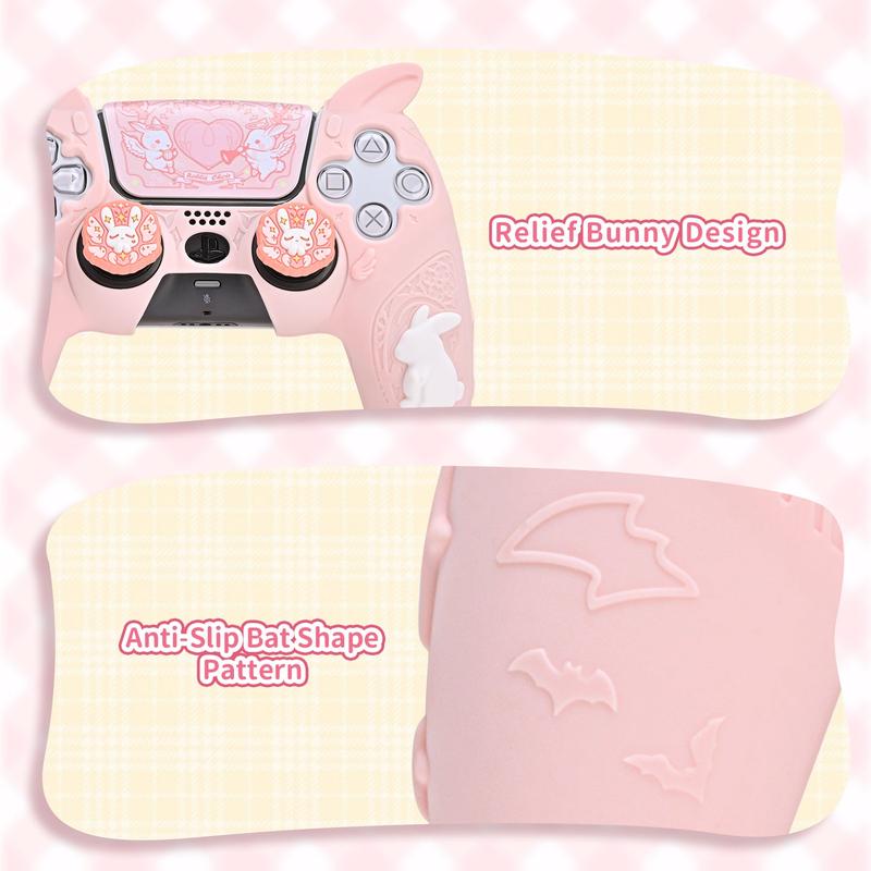 GeekShare PS5 Controller Skin Set,Soft Silicone Protective Cover Case for Playstation 5 Wireless Controller with 2 Thumb Grip Caps and 1 Sticker Pink Console Accessories - Gothic Bunny