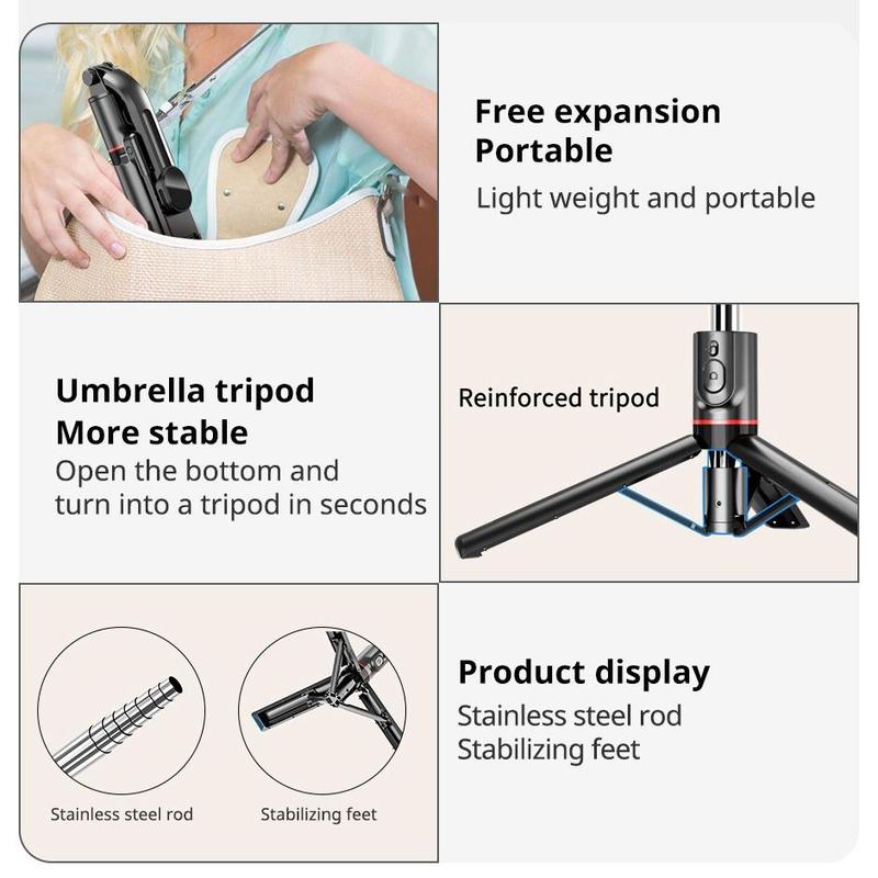 Selfie Stick Tripod for iPhone, Smart Phone Accessories with 3 Color Temperature Fill Light, BT Stabilizer, Content Creator Tool, Wireless 360 degree Rotatable Phone Holder, Live Streaming Vlogging Photography Portable Foldable Remote Control Selfie Stick