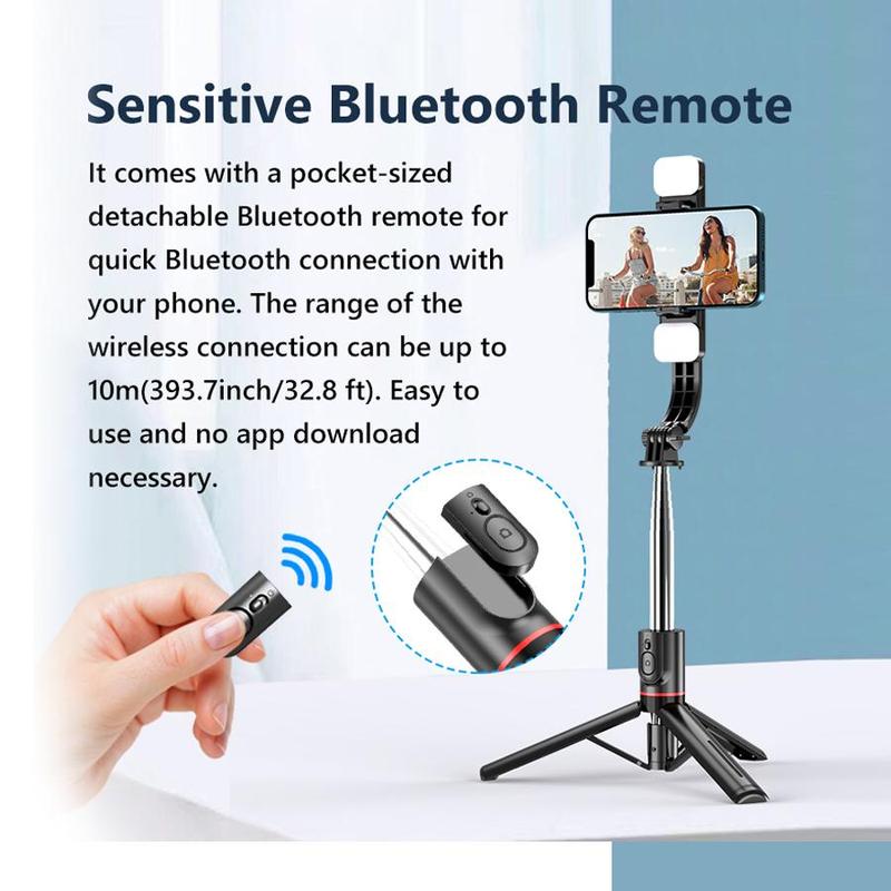 Selfie Stick Tripod for iPhone, Smart Phone Accessories with 3 Color Temperature Fill Light, BT Stabilizer, Content Creator Tool, Wireless 360 degree Rotatable Phone Holder, Live Streaming Vlogging Photography Portable Foldable Remote Control Selfie Stick