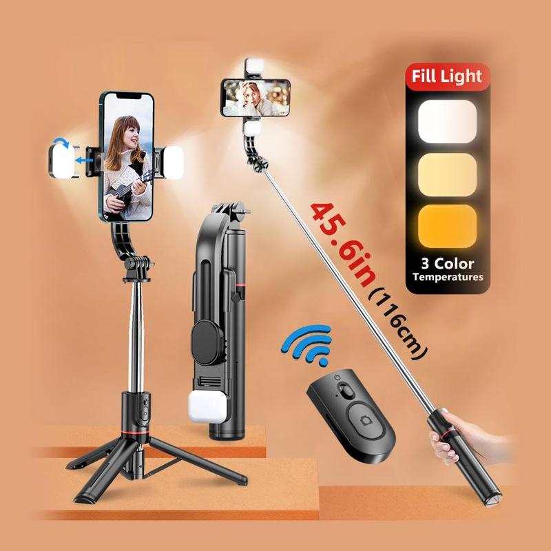 Selfie Stick Tripod for iPhone, Smart Phone Accessories with 3 Color Temperature Fill Light, BT Stabilizer, Content Creator Tool, Wireless 360 degree Rotatable Phone Holder, Live Streaming Vlogging Photography Portable Foldable Remote Control Selfie Stick