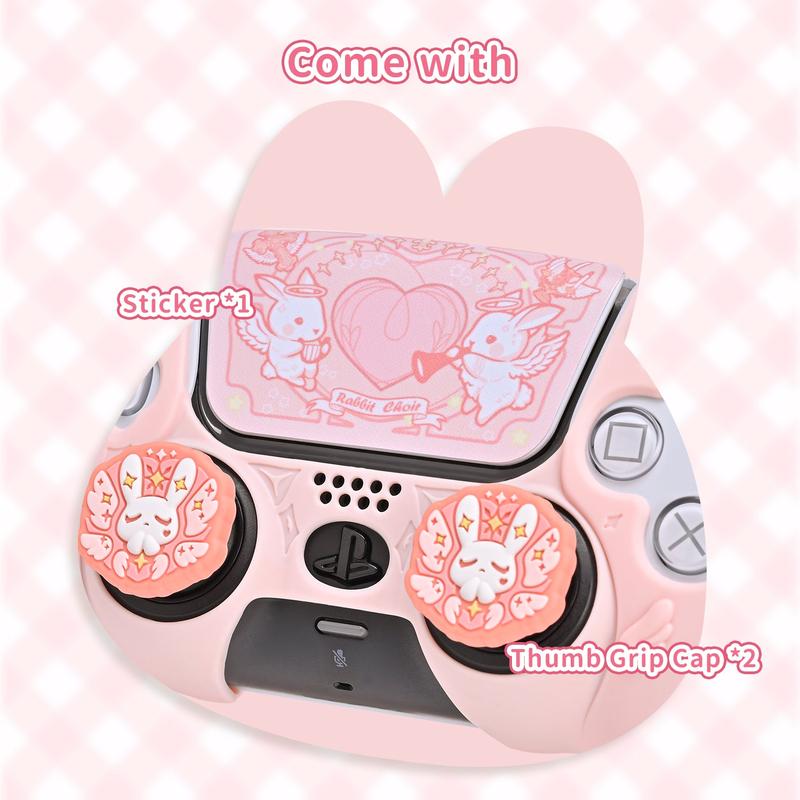 GeekShare PS5 Controller Skin Set,Soft Silicone Protective Cover Case for Playstation 5 Wireless Controller with 2 Thumb Grip Caps and 1 Sticker Pink Console Accessories - Gothic Bunny