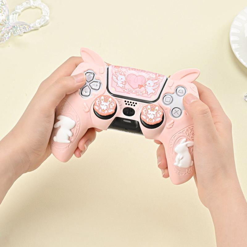 GeekShare PS5 Controller Skin Set,Soft Silicone Protective Cover Case for Playstation 5 Wireless Controller with 2 Thumb Grip Caps and 1 Sticker Pink Console Accessories - Gothic Bunny
