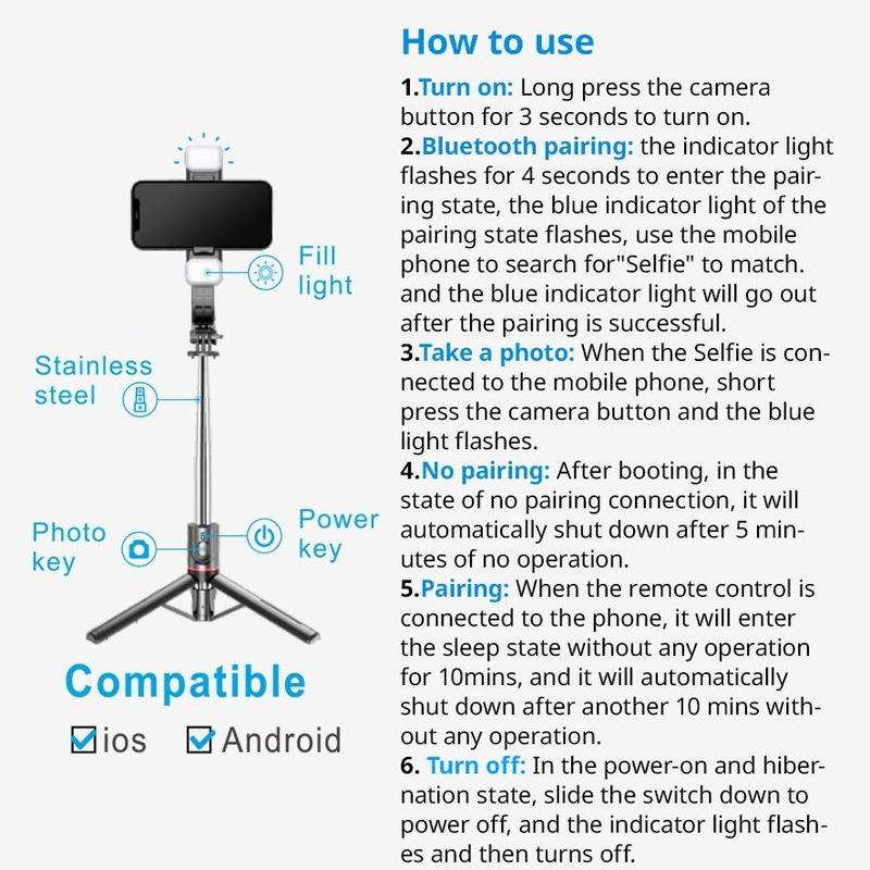 Selfie Stick Tripod for iPhone, Smart Phone Accessories with 3 Color Temperature Fill Light, BT Stabilizer, Content Creator Tool, Wireless 360 degree Rotatable Phone Holder, Live Streaming Vlogging Photography Portable Foldable Remote Control Selfie Stick