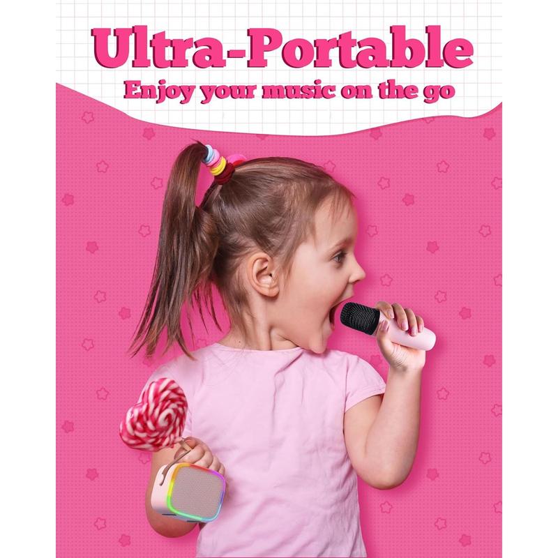 Mini Karaoke Machine for  with 2  Microphones,  Toys for Girls and Boys, Portable  Speaker with LED Disco Lights for Home Party, Birthday Gifts for Girls Boys (Pink)