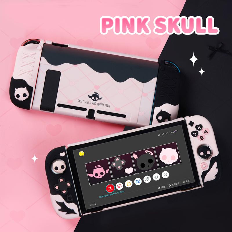 GeekShare Pink Skull Silicone Protective Cases for Switch   OLED Slim Cover Case Compatible with Nintendo Switch Separable Soft