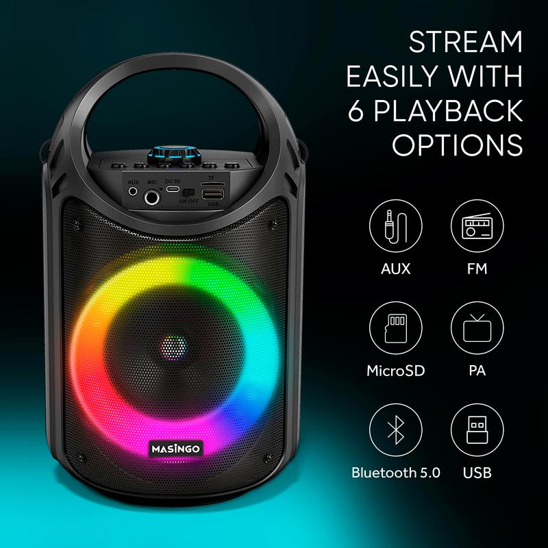 MASINGO Karaoke Machine with 1 Wireless Mic and 1 Wired Mic, PA Speaker with LED Lights, Supports TF Card USB, AUX MIC in, TWS for Home Party, Rechargeable Audio Equipment with Bluetooth, Charging Handle, and Smartphone Compatibility - Burletta C10 V1
