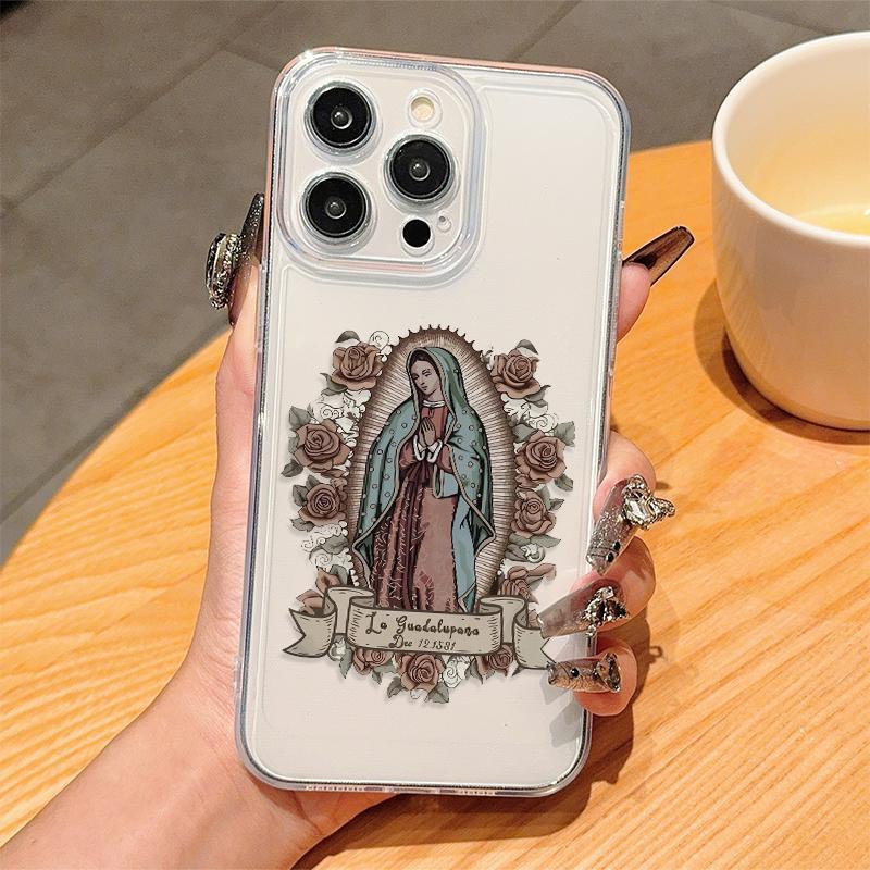 Flower & Virgin Mary Pattern Phone Case, Decorative Phone Protector Cover, Phone Accessories Compatible with iPhone 11 12 13 14 15 Pro Max XR XS Max