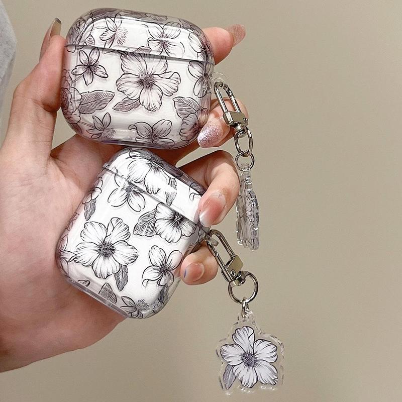 Flower Pattern Earphone Case with Keychain, Decorative Earphone Protector Cover, TPU Earphone Protective Case for Airpods 1 2 3 Pro 2 Pro