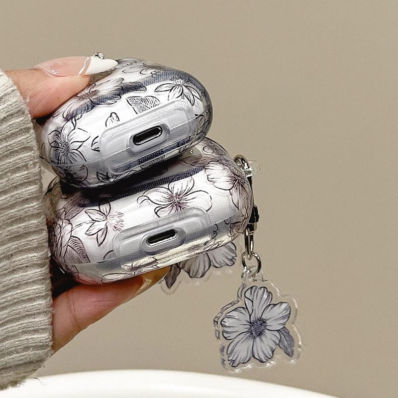 Flower Pattern Earphone Case with Keychain, Decorative Earphone Protector Cover, TPU Earphone Protective Case for Airpods 1 2 3 Pro 2 Pro